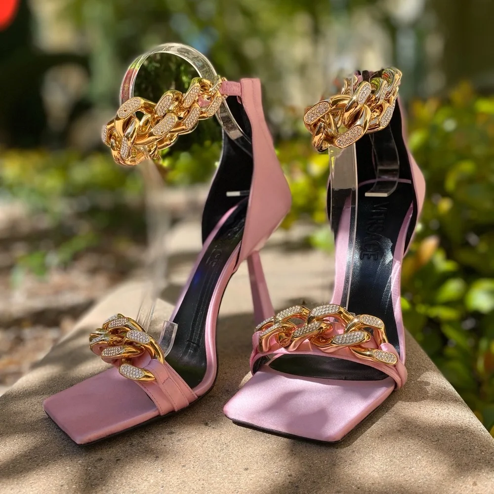 New Versace Crystal Chain High-Heel Sandals Pink 37 $1,725 - Picture 13 of 16